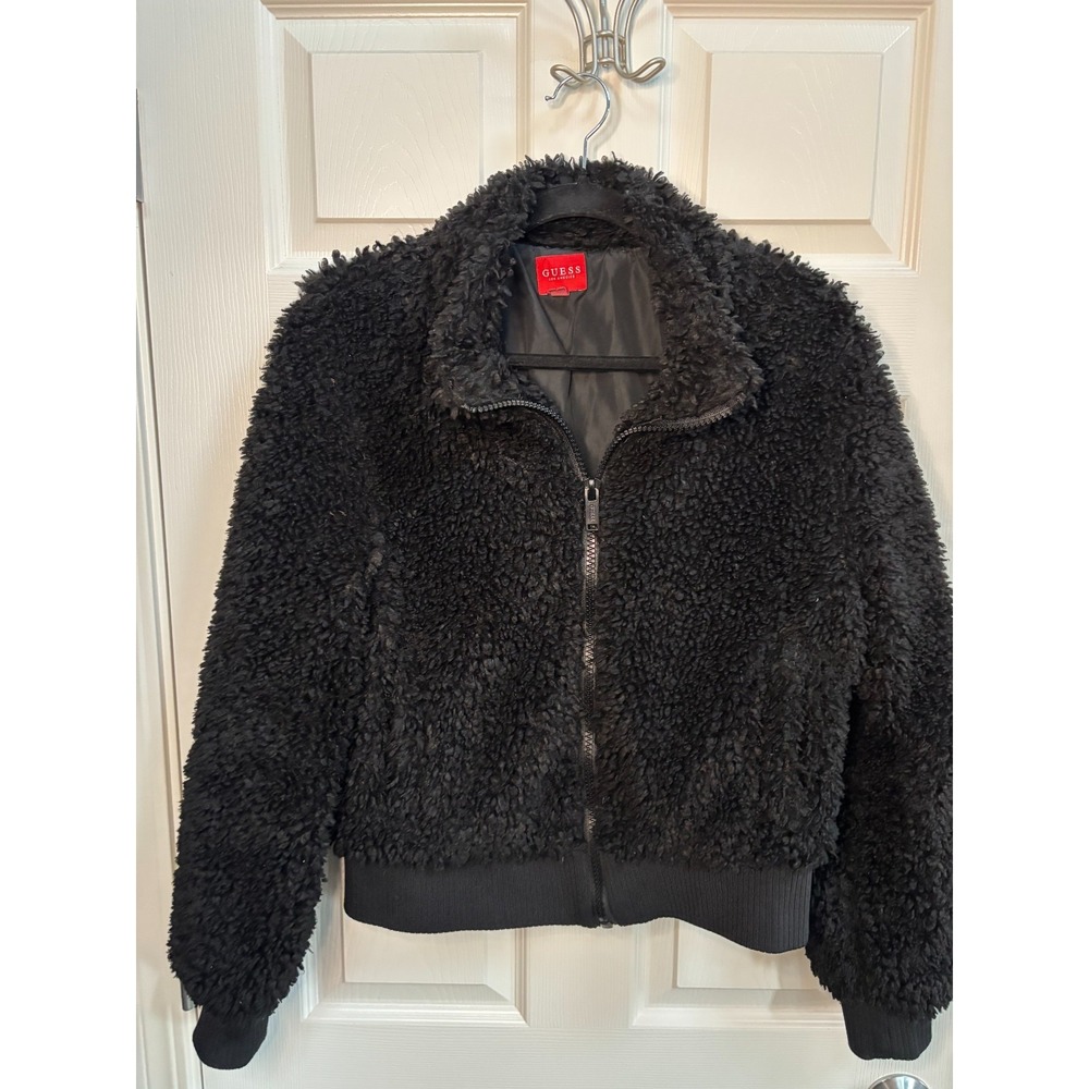 Y2K Guess Womens Black Faux Fur Zippered/Pockets Bomber Jacket Mock Collar MED